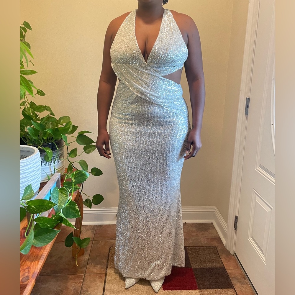 Silver sequin evening gown